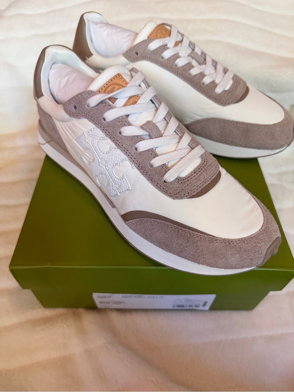 Tory Burch White & Taupe Suede-Trim Sneakers
